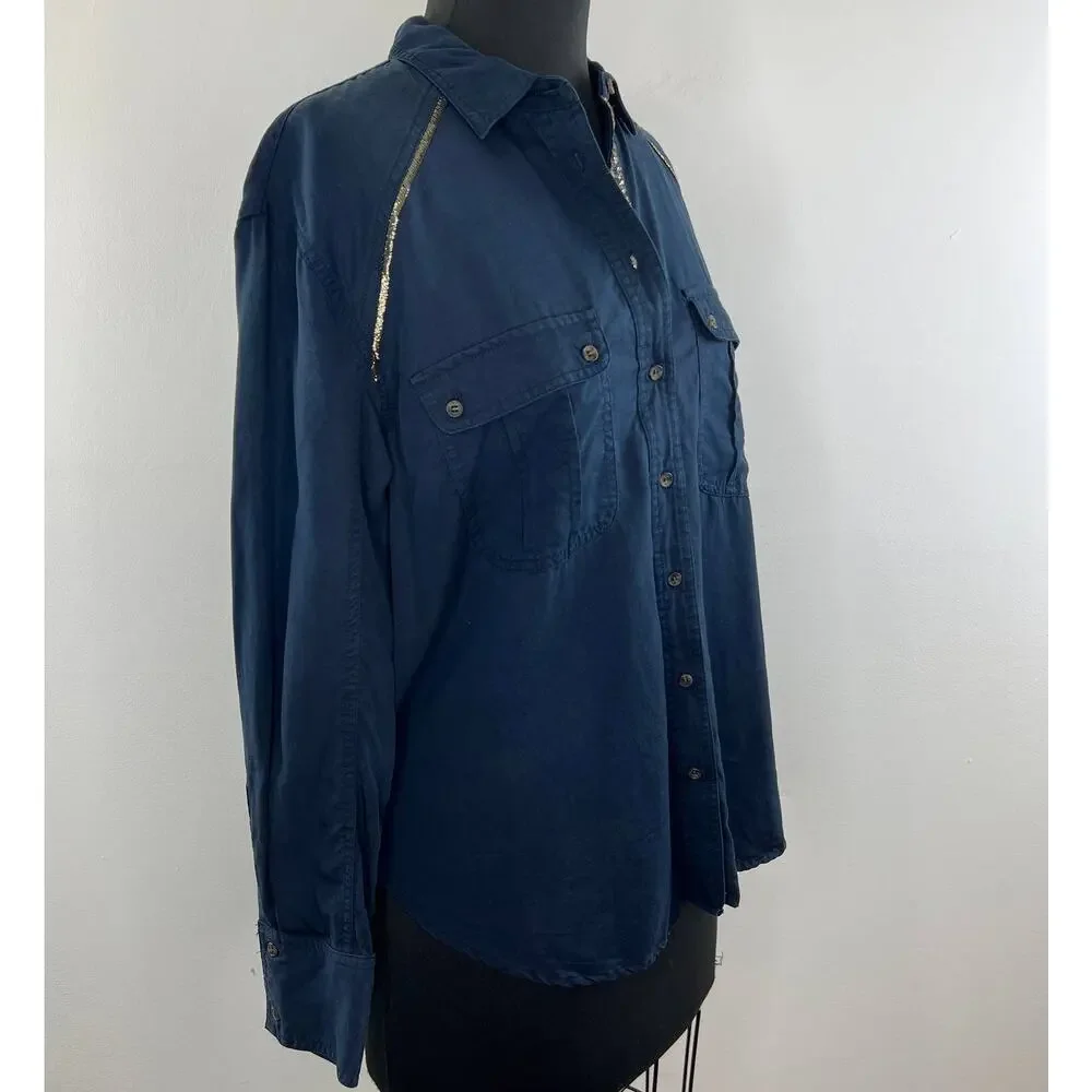 Free People Blue Off Campus Button-Down Long Sleeve Tencel Women's Shirt Size S